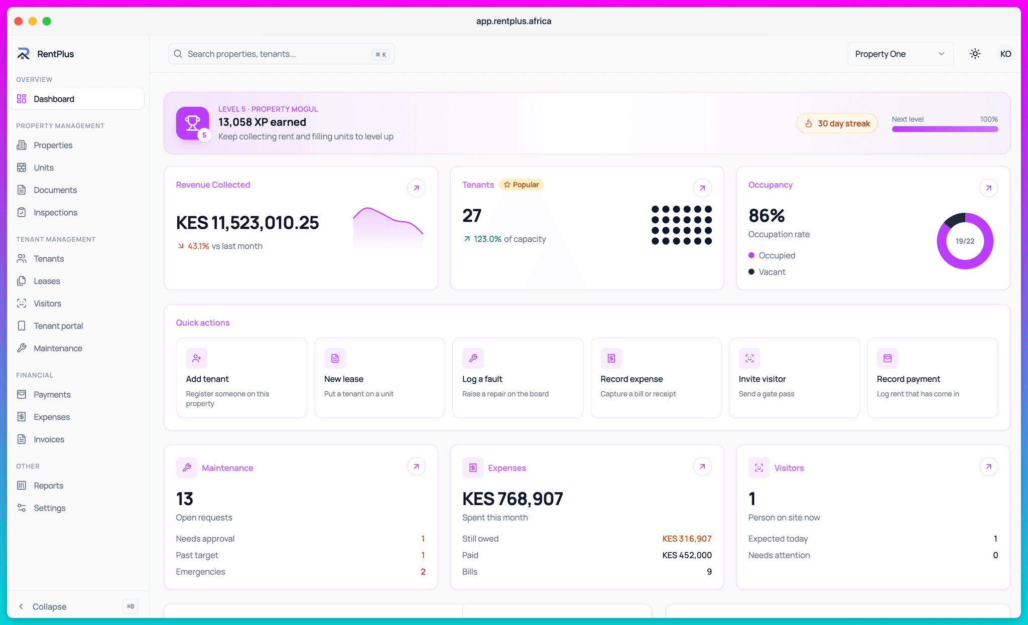 RentPlus dashboard showing revenue collected, tenants, occupancy and quick actions