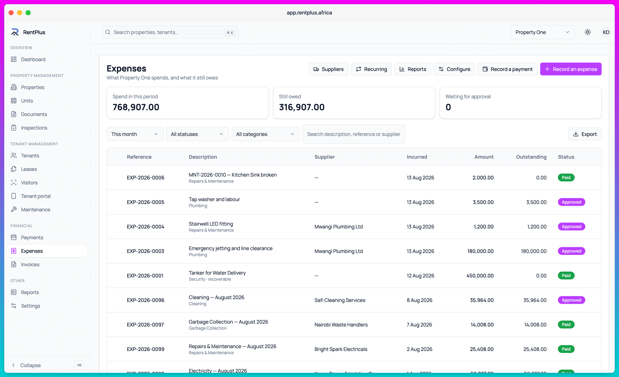Expense tracking in RentPlus with categories, suppliers and approvals