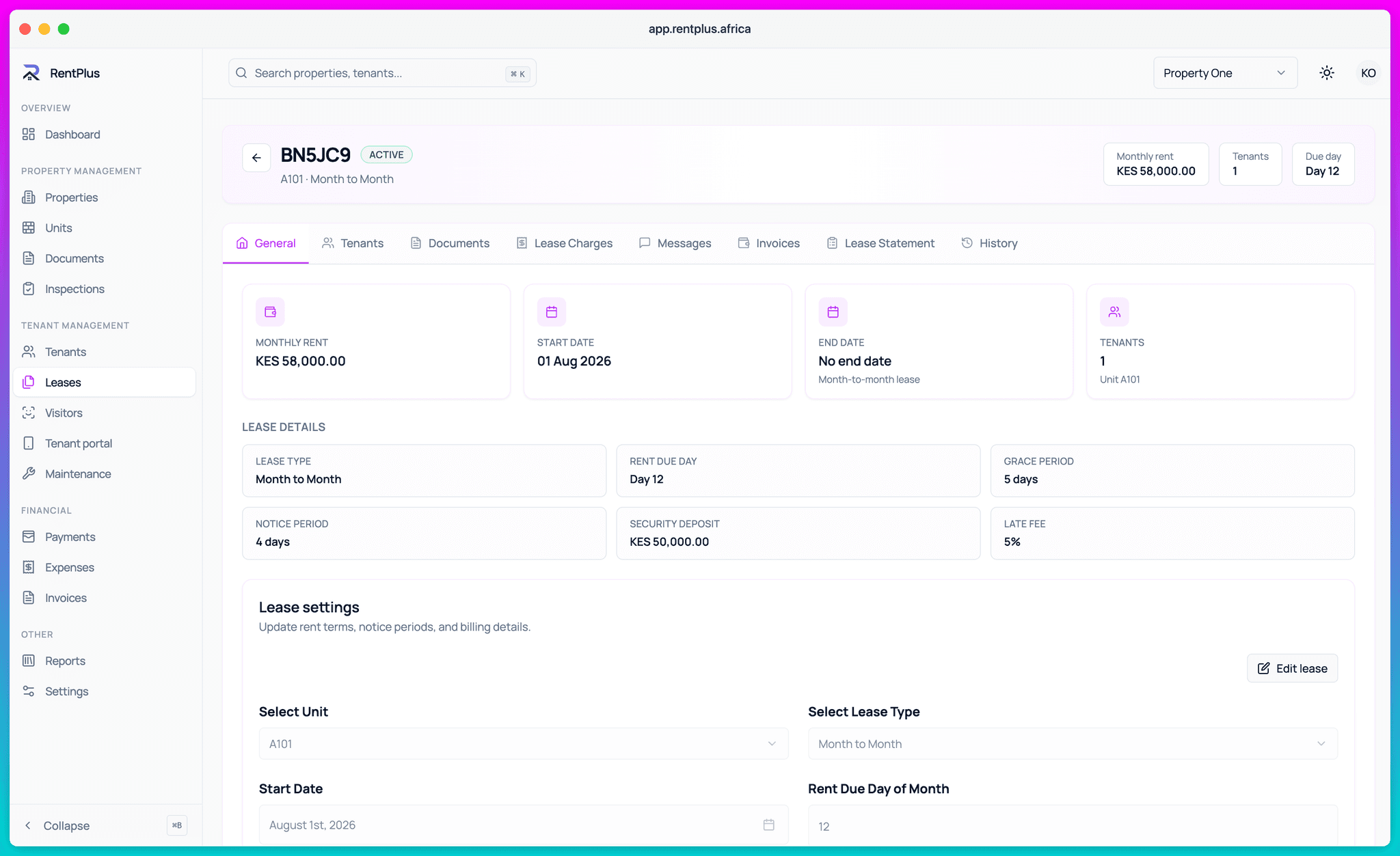 A lease detail page with charges, tenants and documents