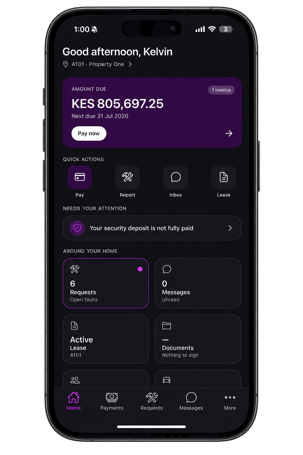 The RentPlus tenant app home screen showing amount due and quick actions