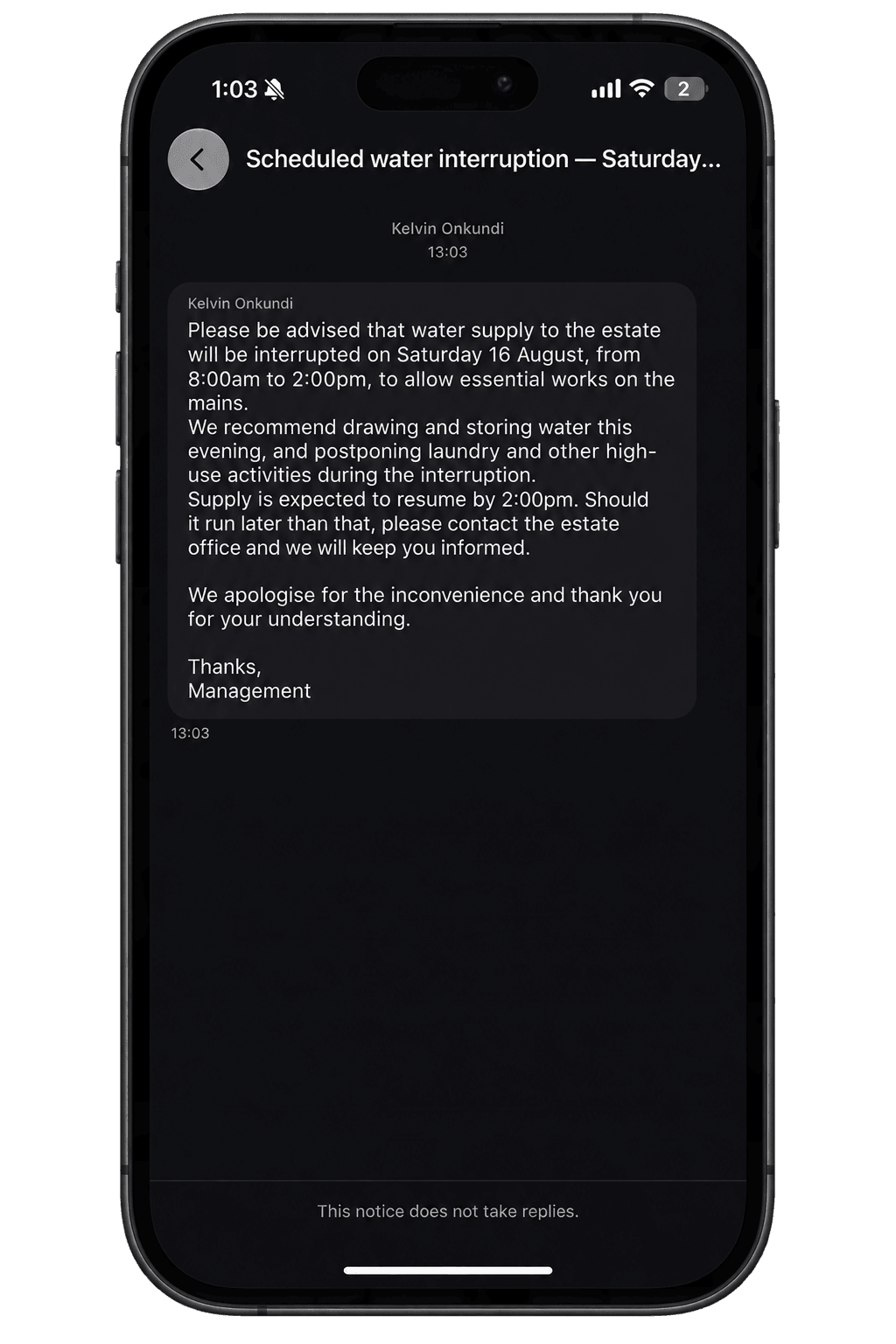 A notice from the property manager in the tenant app inbox