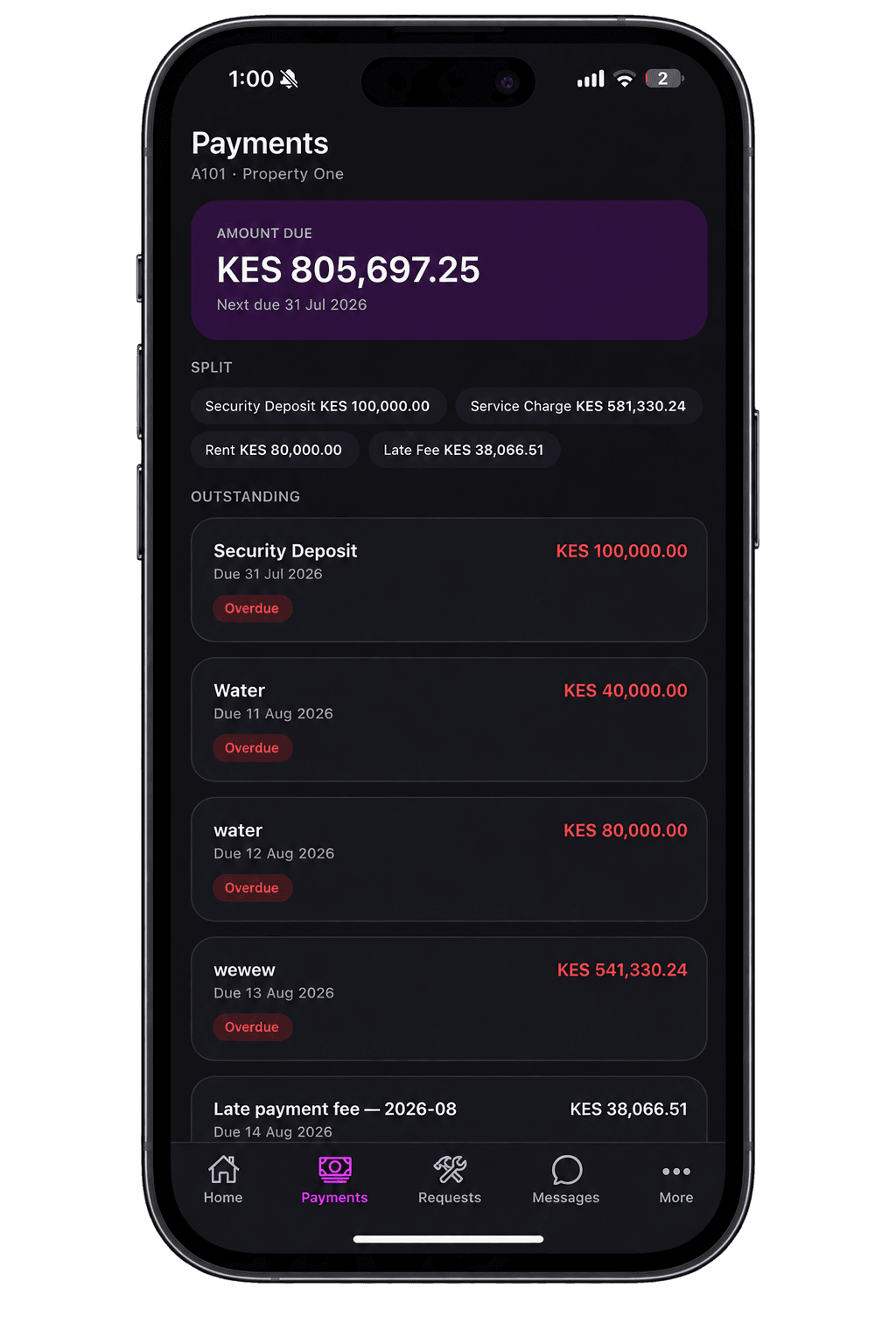 The tenant app payments screen with M-Pesa payment options