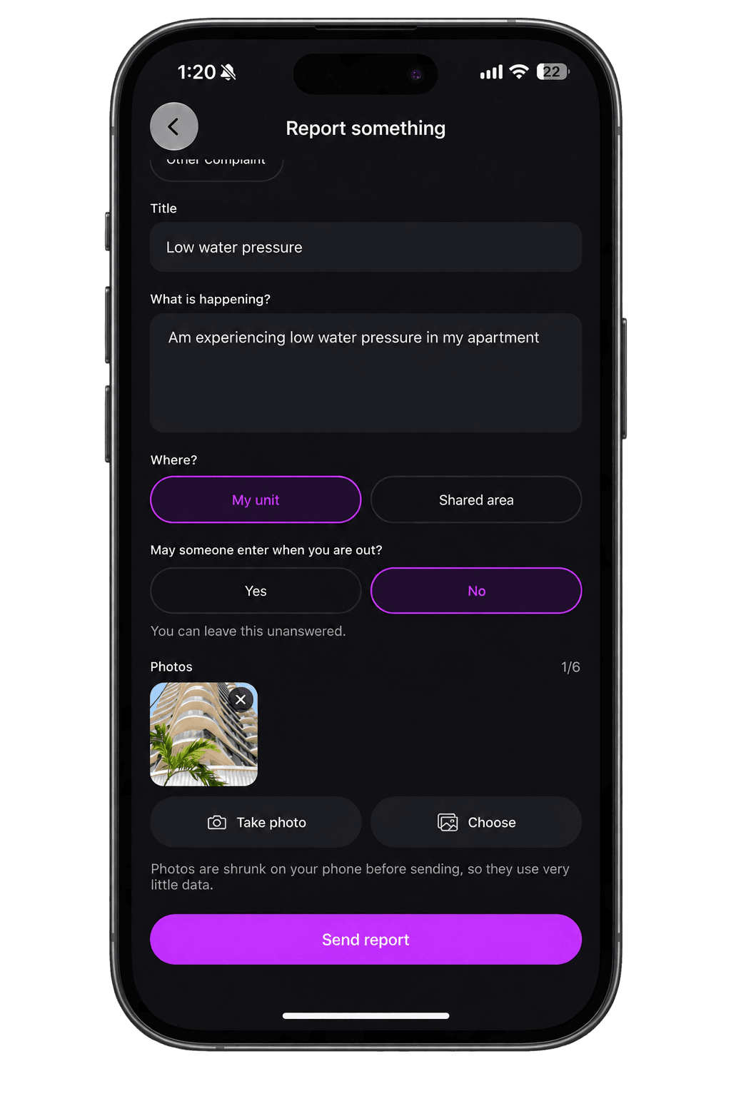 A tenant reporting a maintenance fault from the app